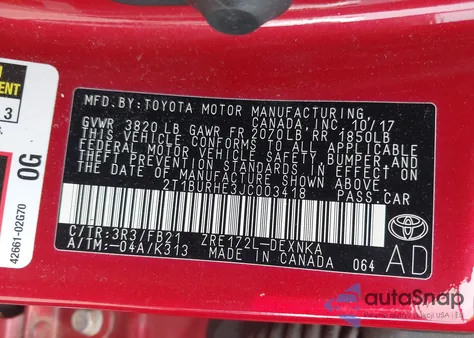 2018 Toyota Corolla Le from USA, damaged, VIN 2T1BURHE3JC003418